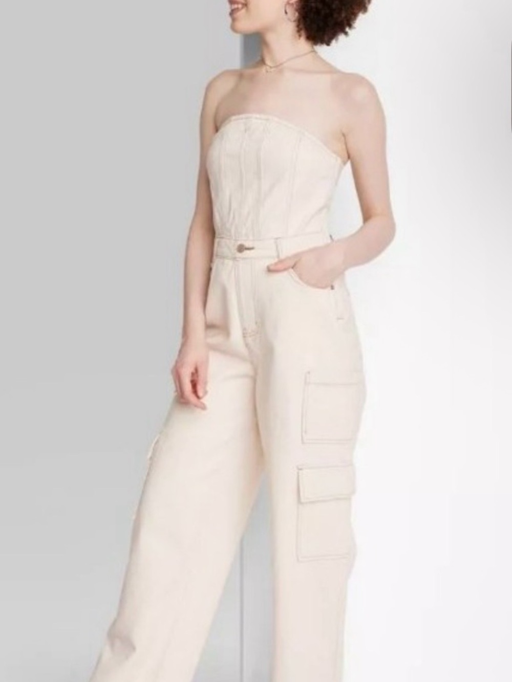 Wild Fable Strapless Cargo Jumpsuit in Cream